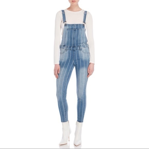 Almost Famous Light Blue and White Striped Skinny Overalls SZ M - Picture 3 of 15